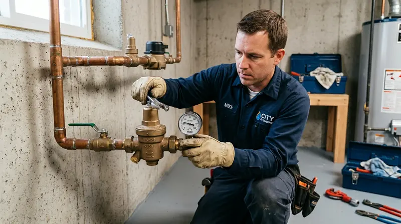 Plumbing technician inspecting gas appliance connection piping