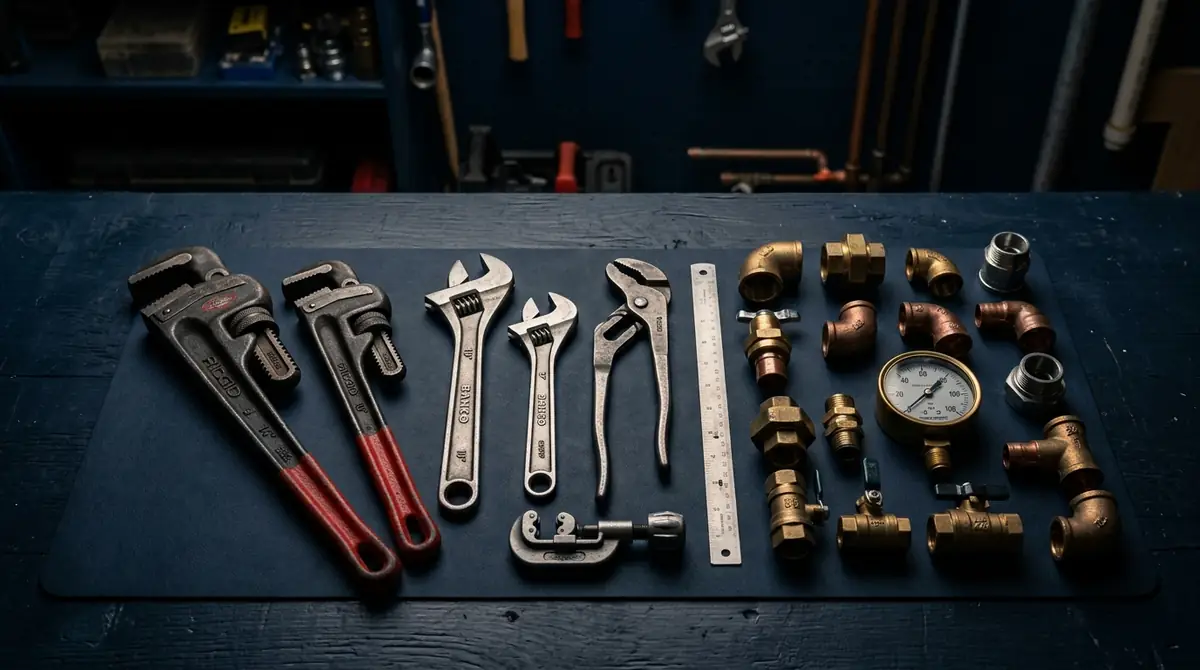 Plumbing tools, copper pipe fittings, and pipe tape prepared for water shutoff valve repair