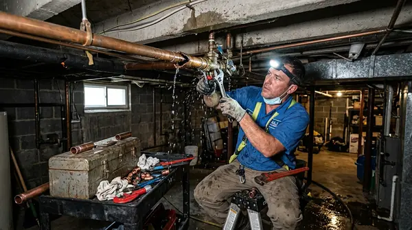 Emergency plumbing repair technician evaluating pipe rupture in Salt Lake City