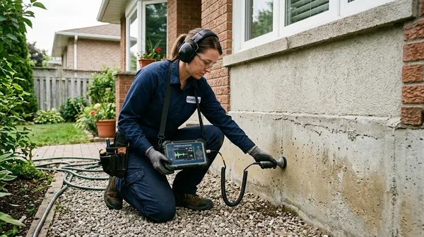 Acoustic leak detection equipment pinpointing subfloor water line leak