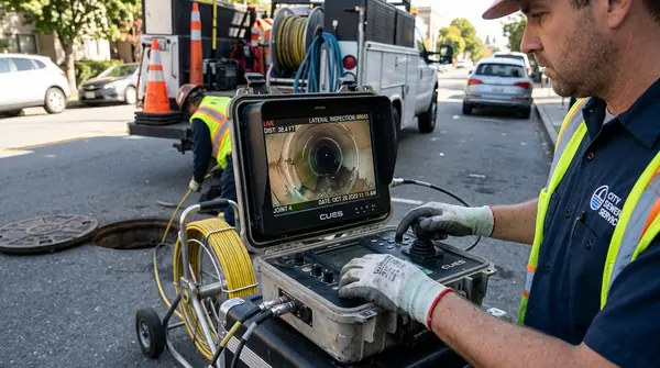 Trenchless sewer line repair technician preparing camera inspection tool in Salt Lake City