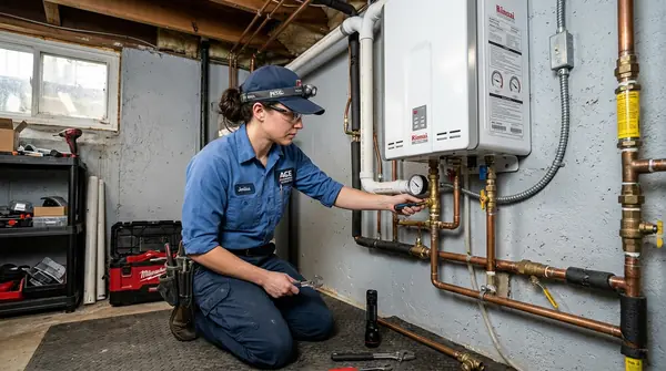 Tankless water heater installation on utility wall